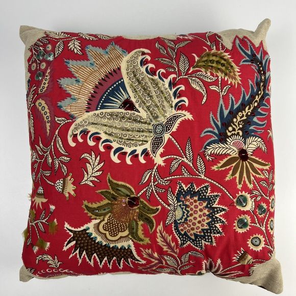 Pier 1 Throw‎ Pillow Red Brown Whimsical Floral Embroidered Beaded Textured 18” - Picture 1 of 9